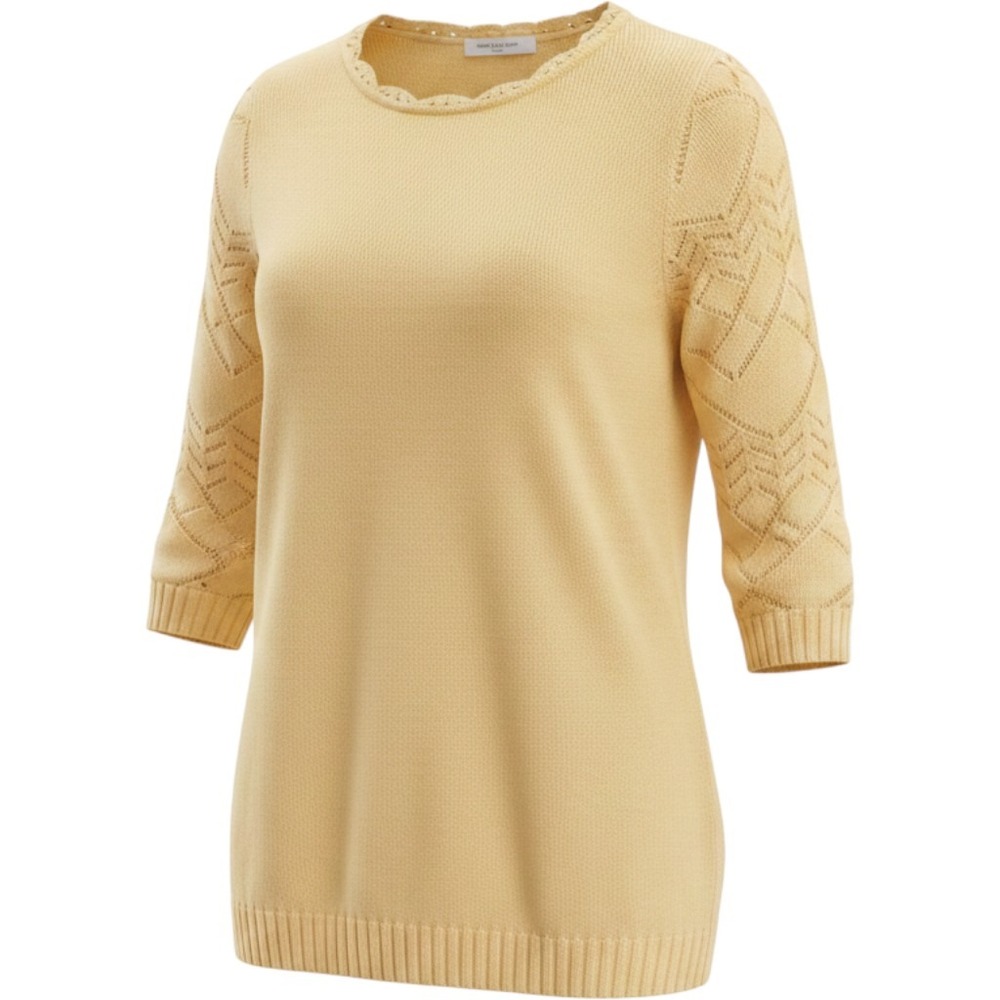 Coldwater Creek Yellow Pointelle Sleeve Knit Sweater 3X 3/4 Sleeve Scallop Trim